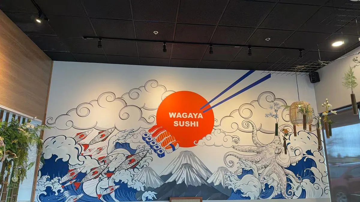 Japanese-style mural wall art at Wagaya Sushi Grill, a Japanese Restaurant in Tigard